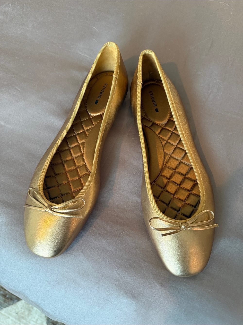 Birdies Metallic Bronze Quilted Ballet Flats with Bow